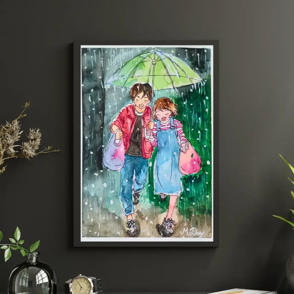 The Rainy Couple Watercolor Artwork A5