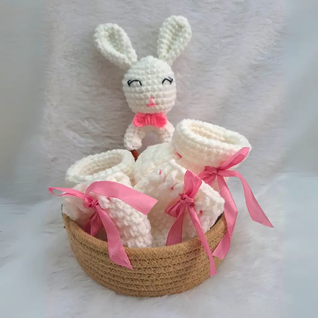 Newborn Bliss Set-Booties, Mittens & Rattle In Basket