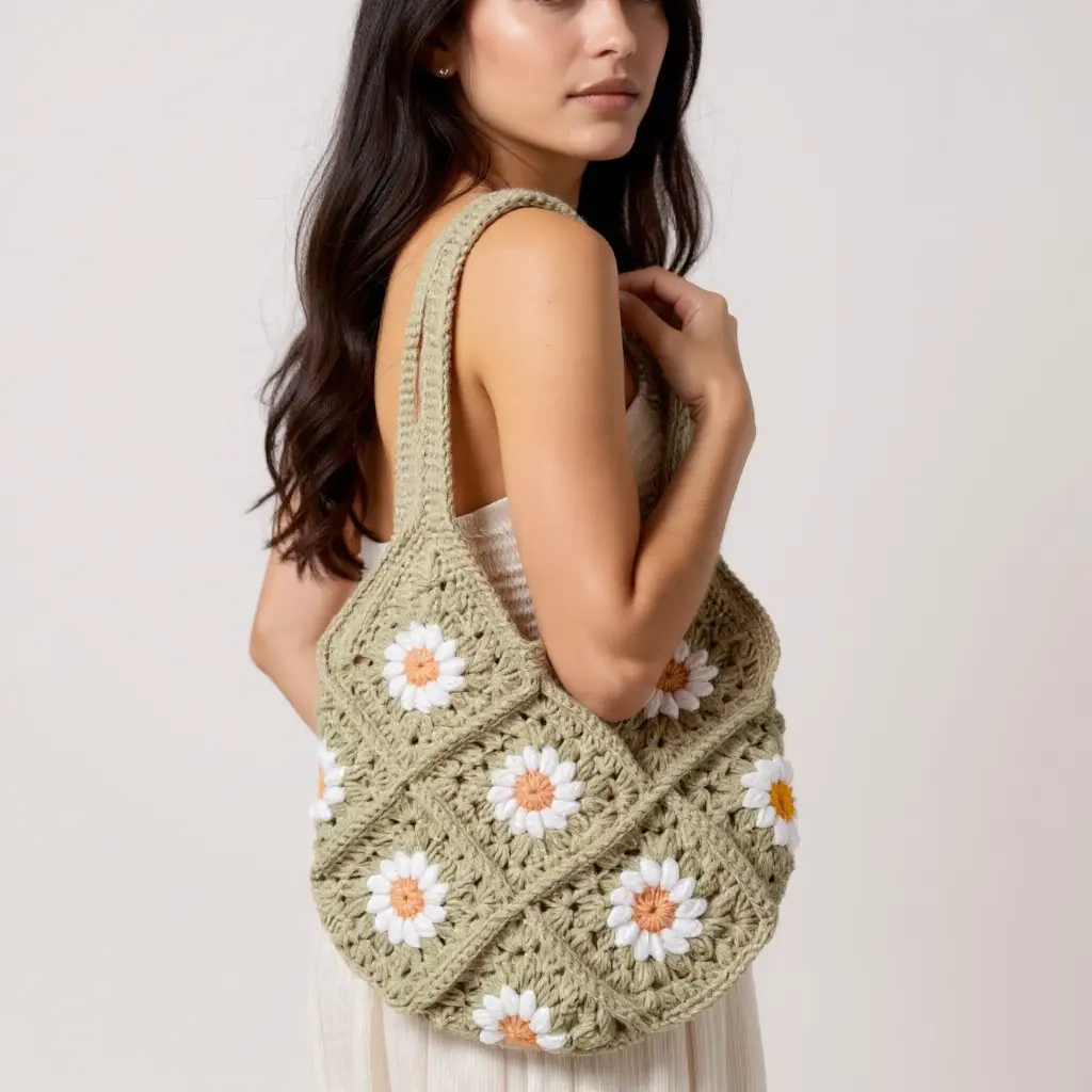 Beige Crochet Shoulder Bag(13")