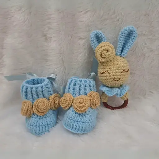 Bunny Baby Booties & Rattle Set